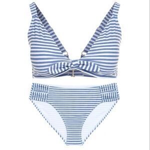 Women's Plus Size Cutout Side Bikini Top & Bottoms Blue Stripe   XXL.